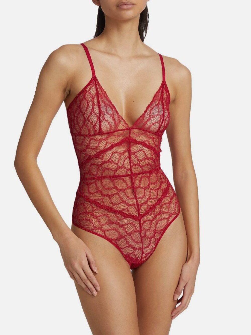 Kiki De Montparnasse Women's Red Sheer Lace V-Neck Mon Cheri Bodysuit Size M
